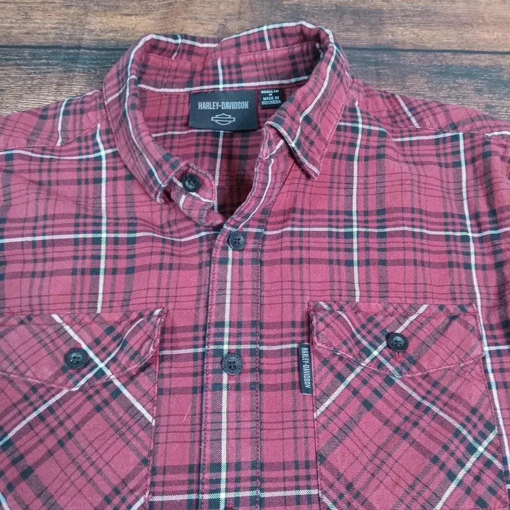 Harley Davidson Long Sleeve Button Up Flannel Shirt Men's Medium‎ Red Plaid